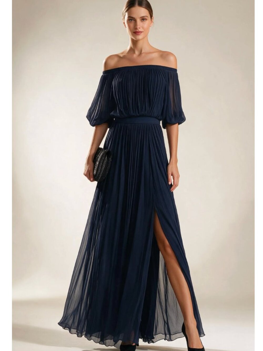 *Brand New* Velvet Avenue Pleated Chiffon Off-Shoulder Maxi Dress (Navy)